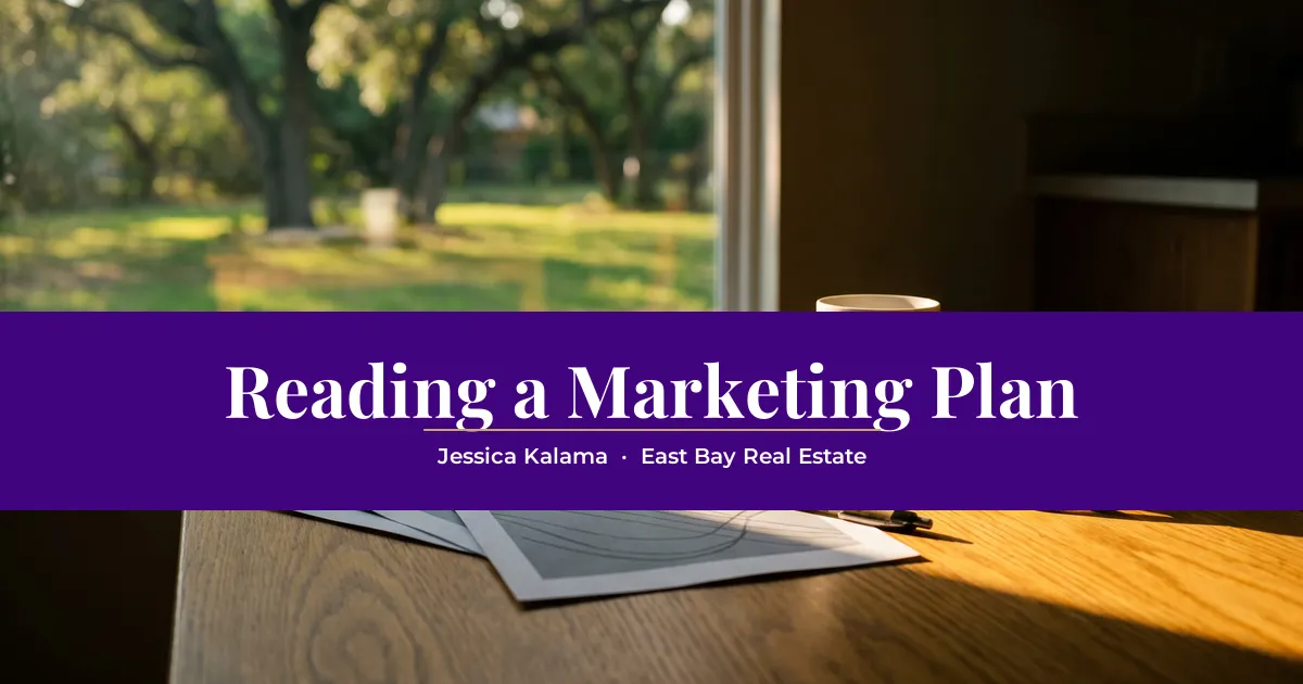 Printed pages, a pen, and reading glasses on a sunlit kitchen table with a green backyard beyond, with the headline "Reading a Marketing Plan"
