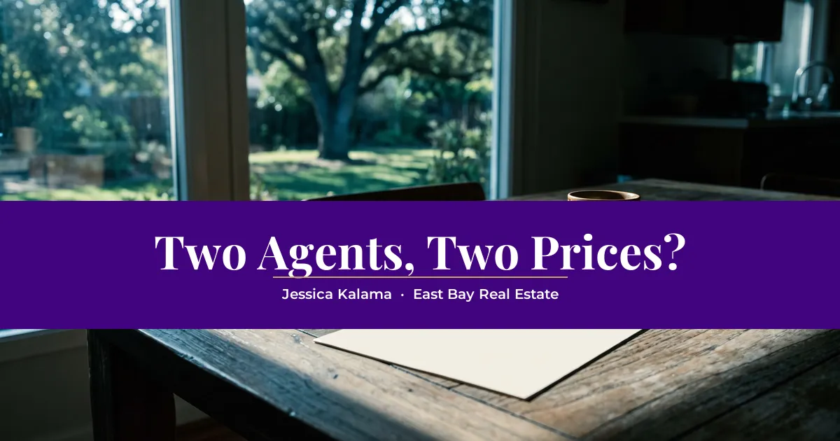 Two blank printed reports and a pen side by side on a sunlit wooden kitchen table with an oak-shaded backyard beyond, with the headline "Two Agents, Two Prices?"