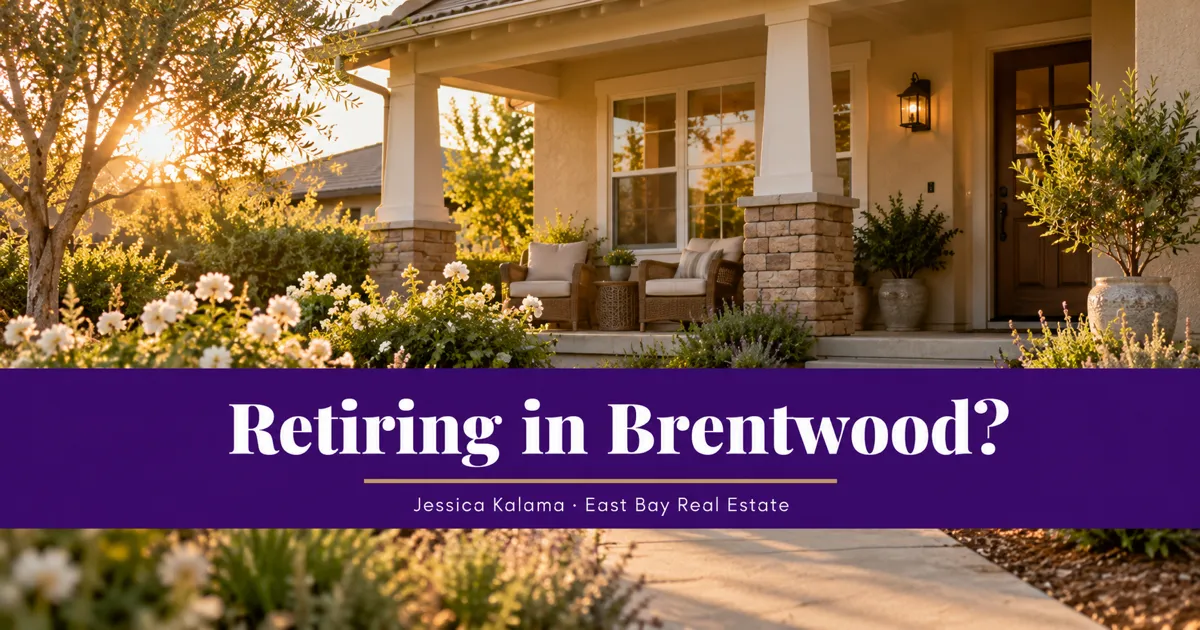 A generated home porch and garden appear in warm light above a purple band reading Retiring in Brentwood?