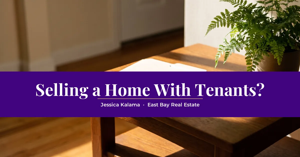 A purple band reads "Selling a Home With Tenants?" over a tidy, sunlit living room with a lease folder on a side table.