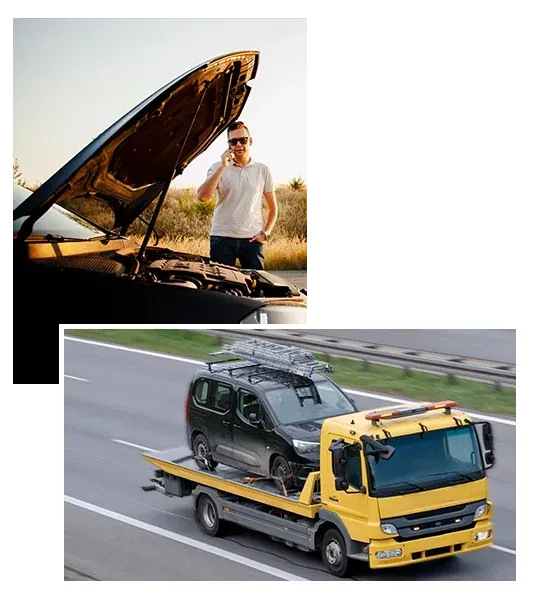 Professional Towing and Roadside Assistance Service Flatbed tow truck transporting SUV on city road providing professional towing and roadside assistance services
