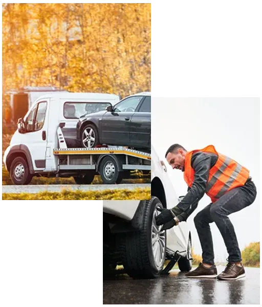 Roadside Assistance Helping Drivers Get Back on the Road Safely Tow truck transporting car and roadside technician changing flat tire to help stranded drivers get back on the road safely