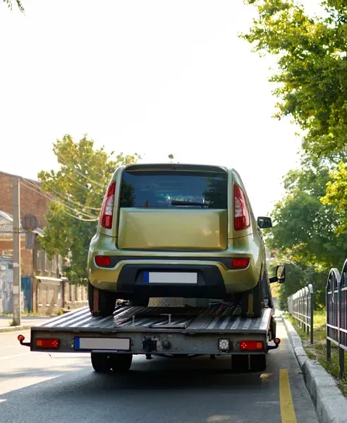 Experienced Towing Service Transporting Car on Flatbed Tow Truck Flatbed tow truck carrying compact car on city street showing professional towing service experience