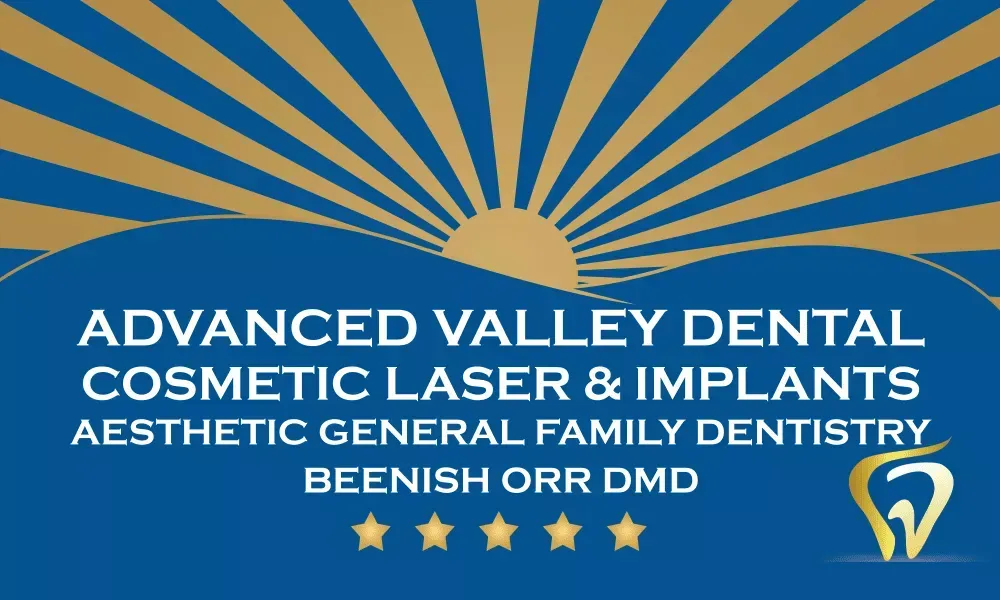 Advanced Valley Dental logo with a blue and gold sunrise illustration, featuring text for cosmetic laser and implant services, aesthetic general family dentistry, and the name Beenish Orr DMD, with five gold stars and a gold-and-blue tooth icon.