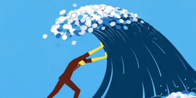 Illustration of a person pushing against a large wave made of digital chat bubbles and data shapes, symbolizing the rapid rise and disruptive power of generative AI.