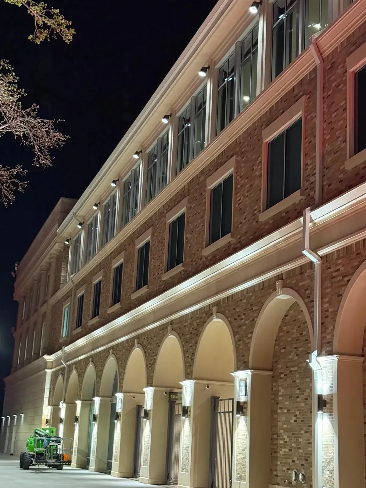 Clean commercial building windows at night showcasing professional window cleaning results in Oklahoma City