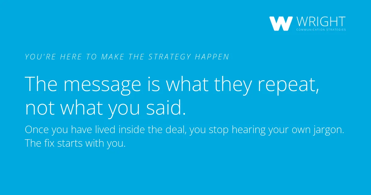 Blue WCS Insights card reading "The message is what they repeat, not what you said," with the WCS logo.