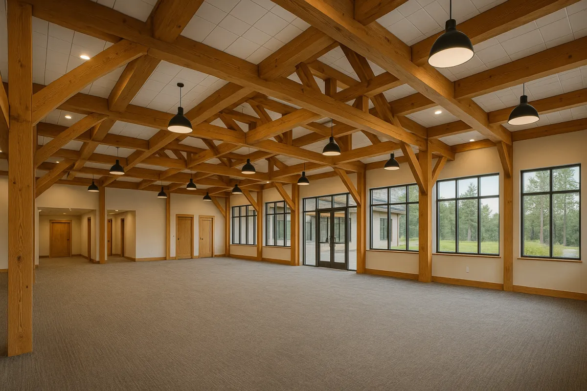 Modern timber truss design blending rustic craftsmanship with refined style