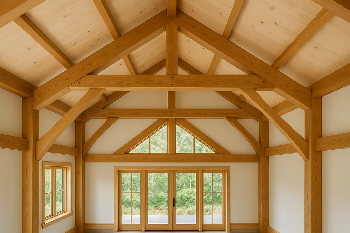 Cathedral-style timber truss with precision mortise and tenon joinery