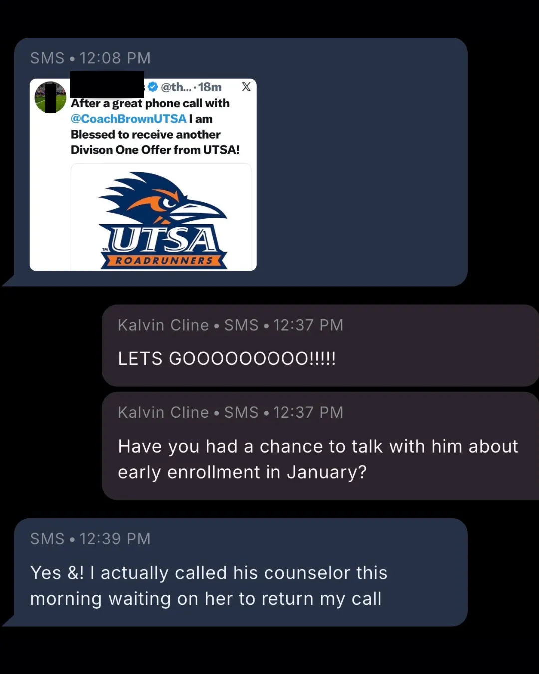 parent texts Kalvin Cline after son receives Division I offer from UTSA - Full Ride University client result
