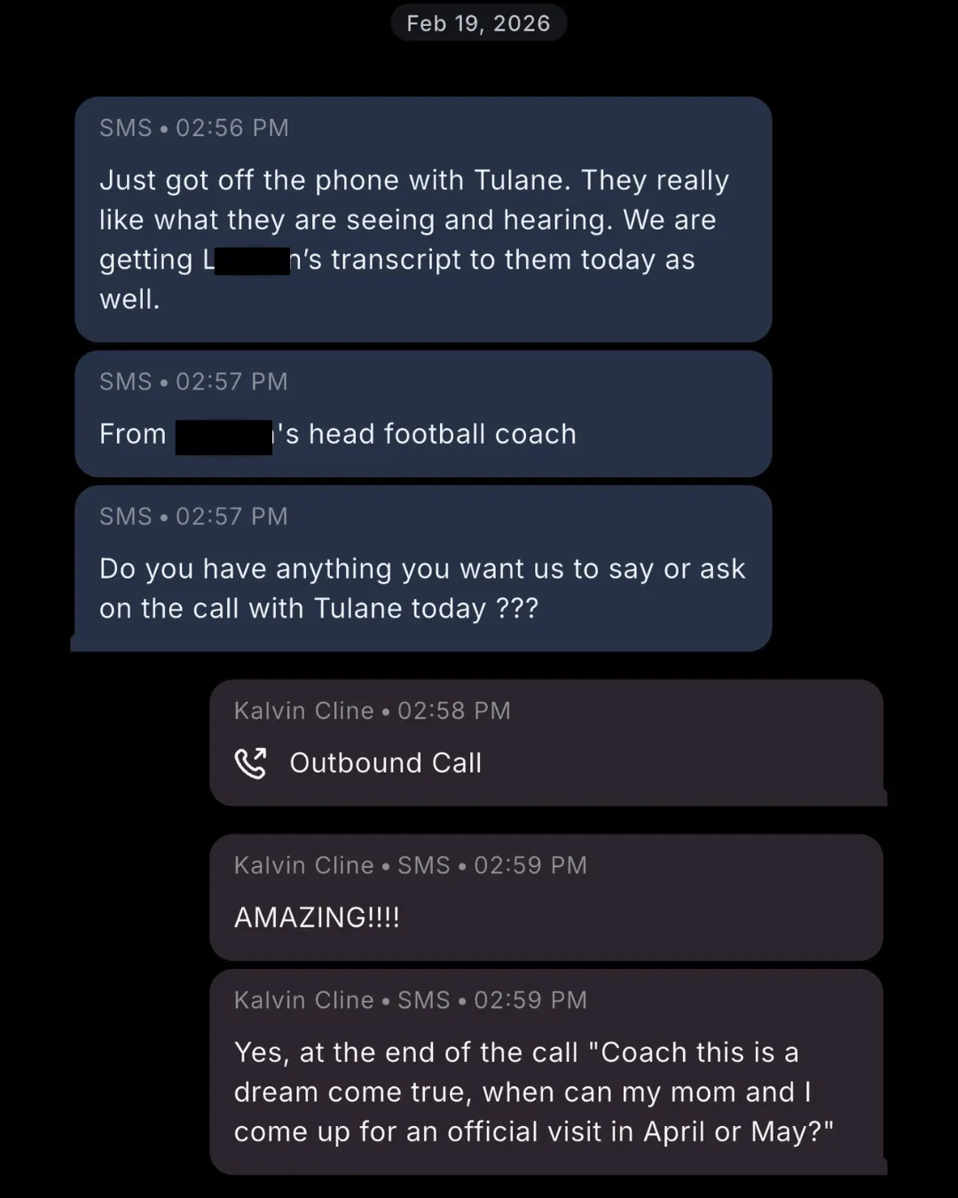 Tulane football coaches interested in Full Ride University client - parent text message testimonial