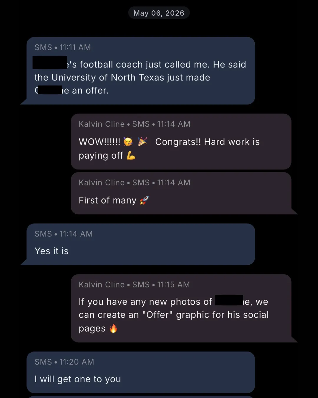 parent texts Kalvin Cline after son receives college football offer from University of North Texas - Full Ride University