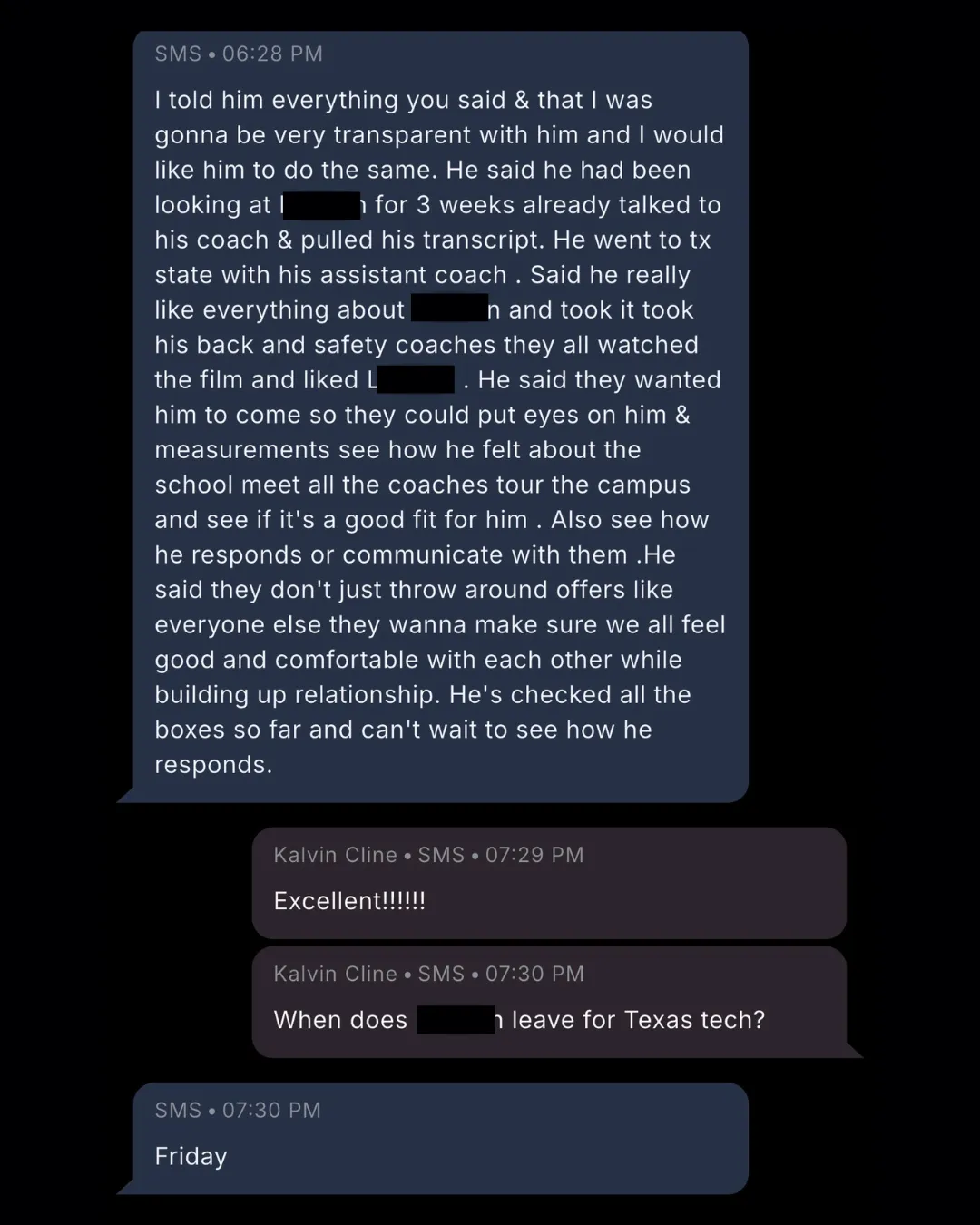 Full Ride University client receives official visit invitation - parent shares recruiting update with Kalvin Cline