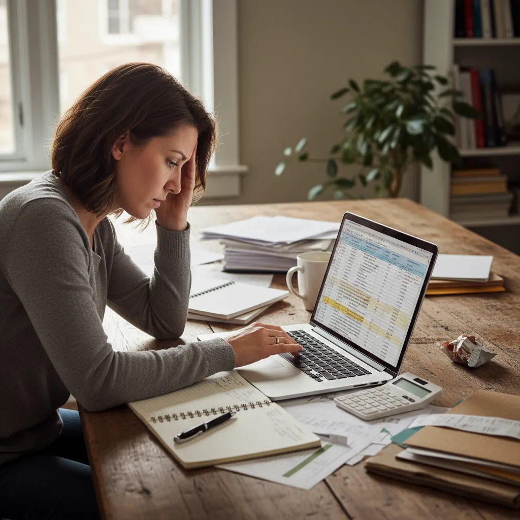 Person working on bookkeeping at a wooden desk with a laptop showing a spreadsheet, surrounded by papers, a notebook, pen, calculator, and coffee mug in a home office setting.