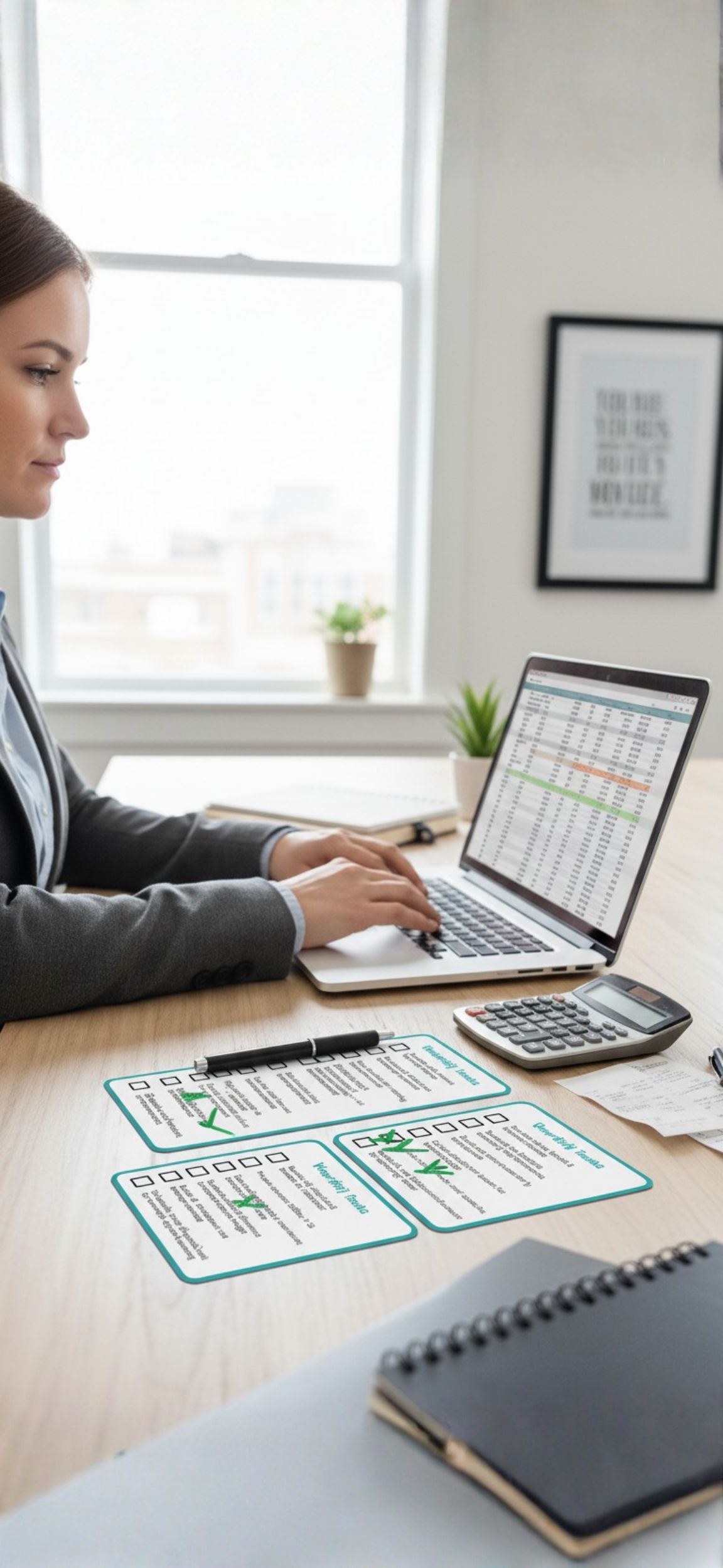 Lady Sitting at a computer with a checklist next to her