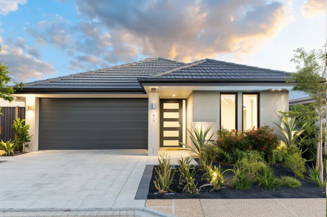 Rendering of a compact 3-bedroom, 2-bathroom house with a single garage on Inspiration Drive, Yanchep.