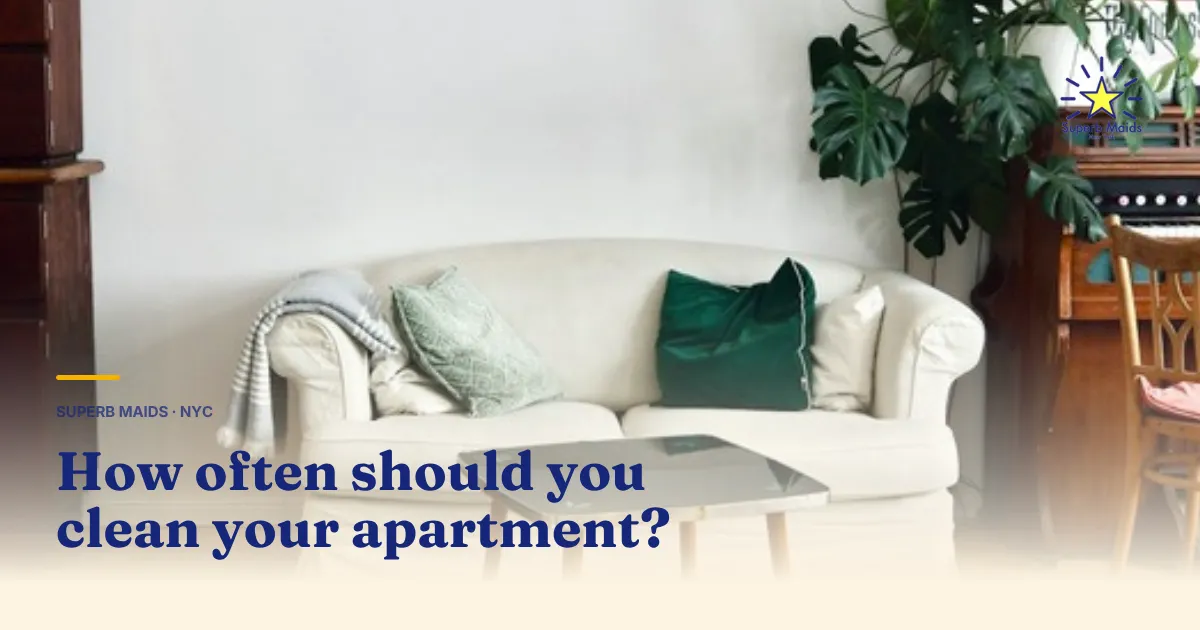 Calendar and cleaning supplies on an NYC apartment counter showing how often should you have your apartment cleaned