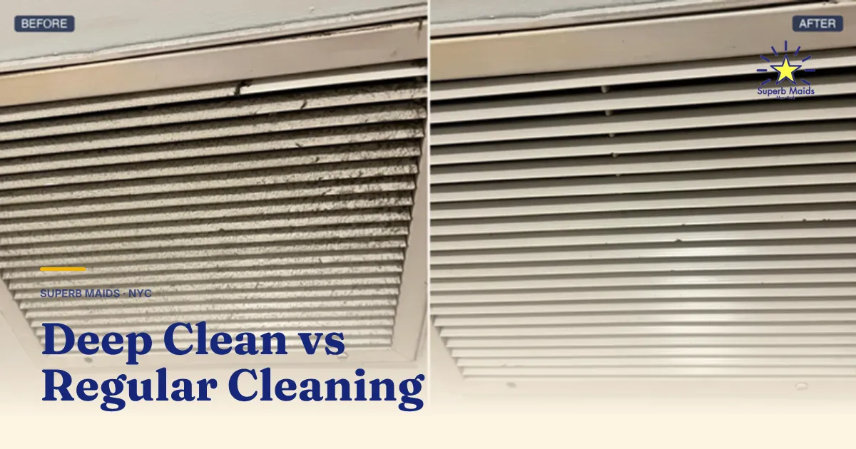 Before and after of a dusty ceiling vent cleaned on a real Superb Maids NYC job, showing the deep clean vs regular cleaning difference