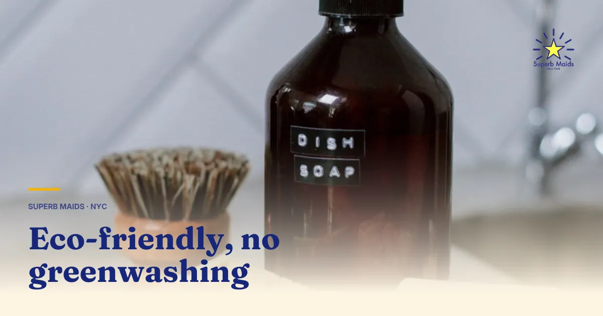 Amber glass dish soap bottle, wooden brush and sponge on a kitchen counter — supplies an eco friendly cleaning service nyc visit can work with
