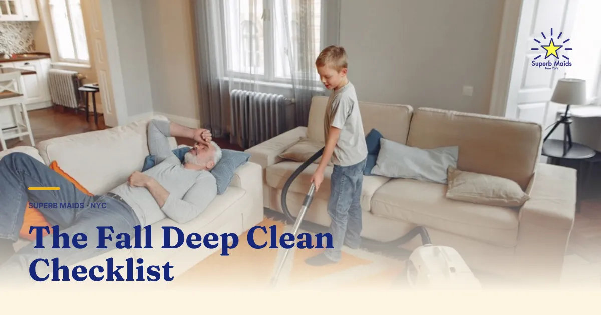 A child vacuuming a sunny apartment living room with a radiator under the window — the first job on any fall deep cleaning checklist