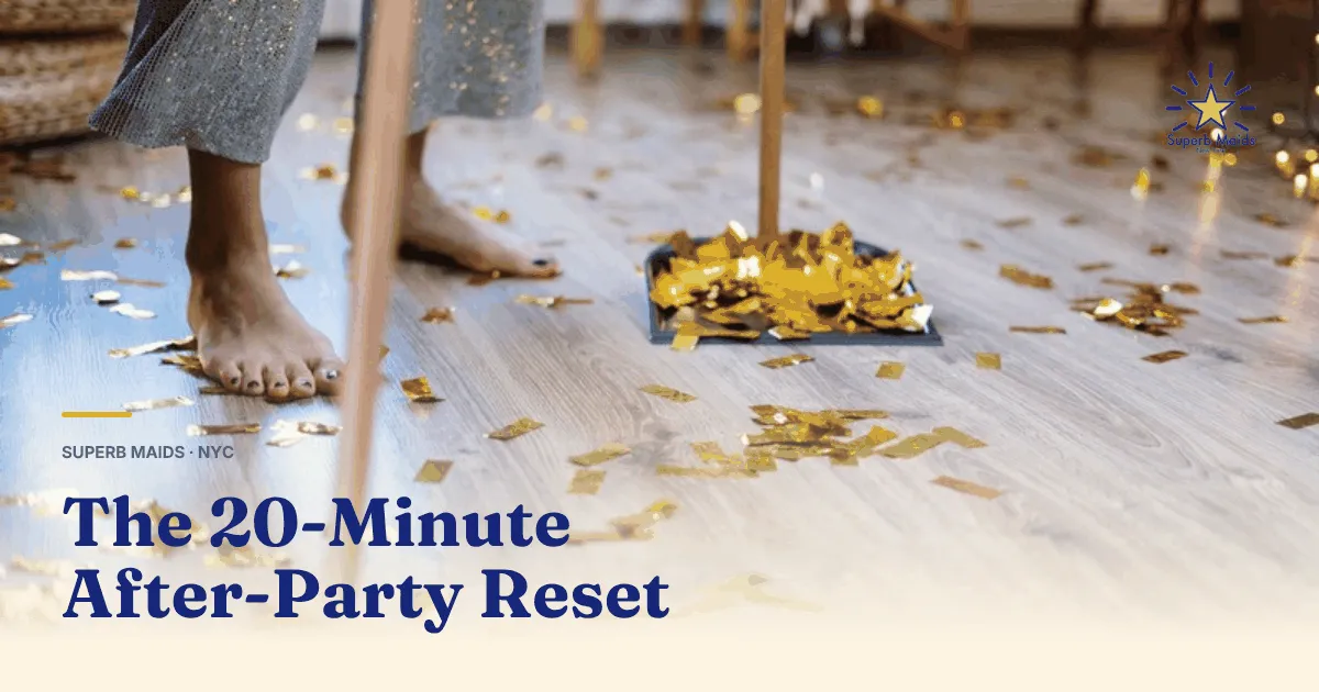 A person sweeping gold confetti into a dustpan during post-party cleaning