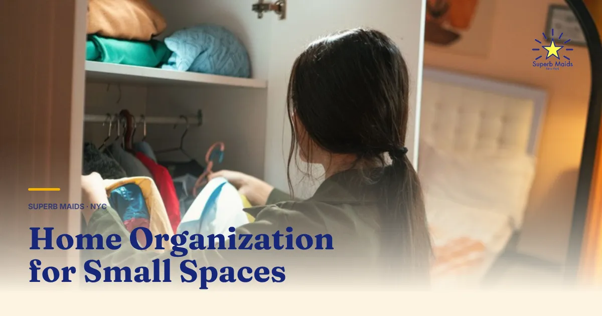 A woman organizing clothes in a small apartment closet, one home organization NYC idea for small spaces