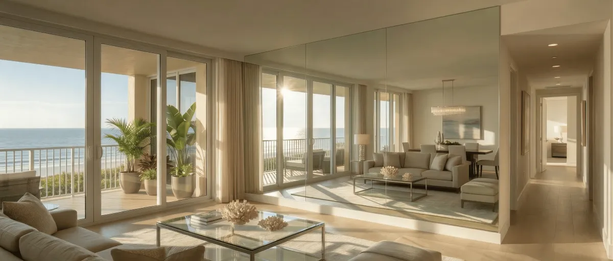 Luxurious modern living room with a floor-to-ceiling mirror wall reflecting ocean views through balcony doors.