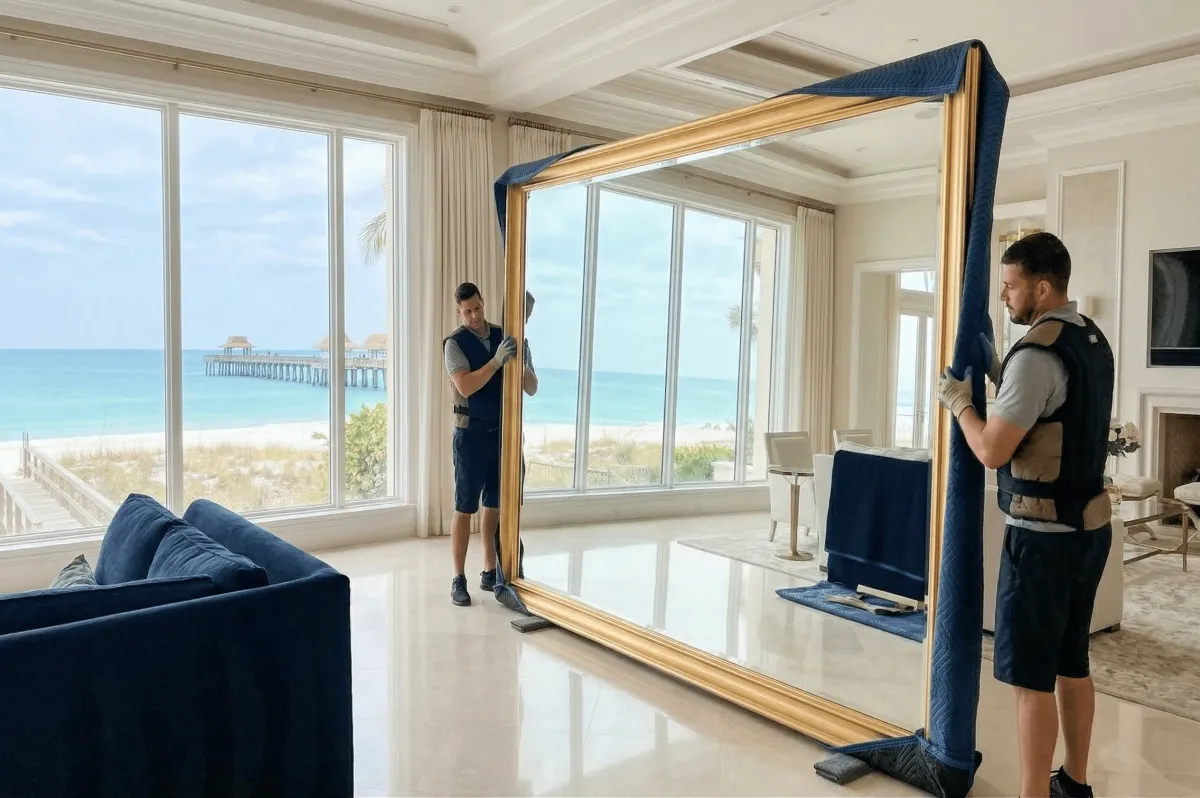 Handling & Moving Large Mirrors Safely in a stunning waterfront home near the Naples