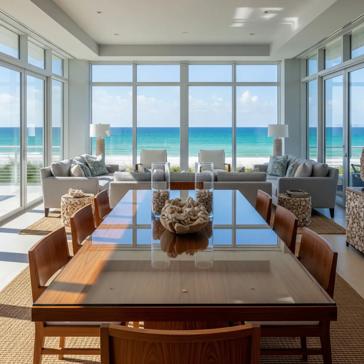 Stunning glass tabletop furniture in a sunny, coastal Florida home setting
