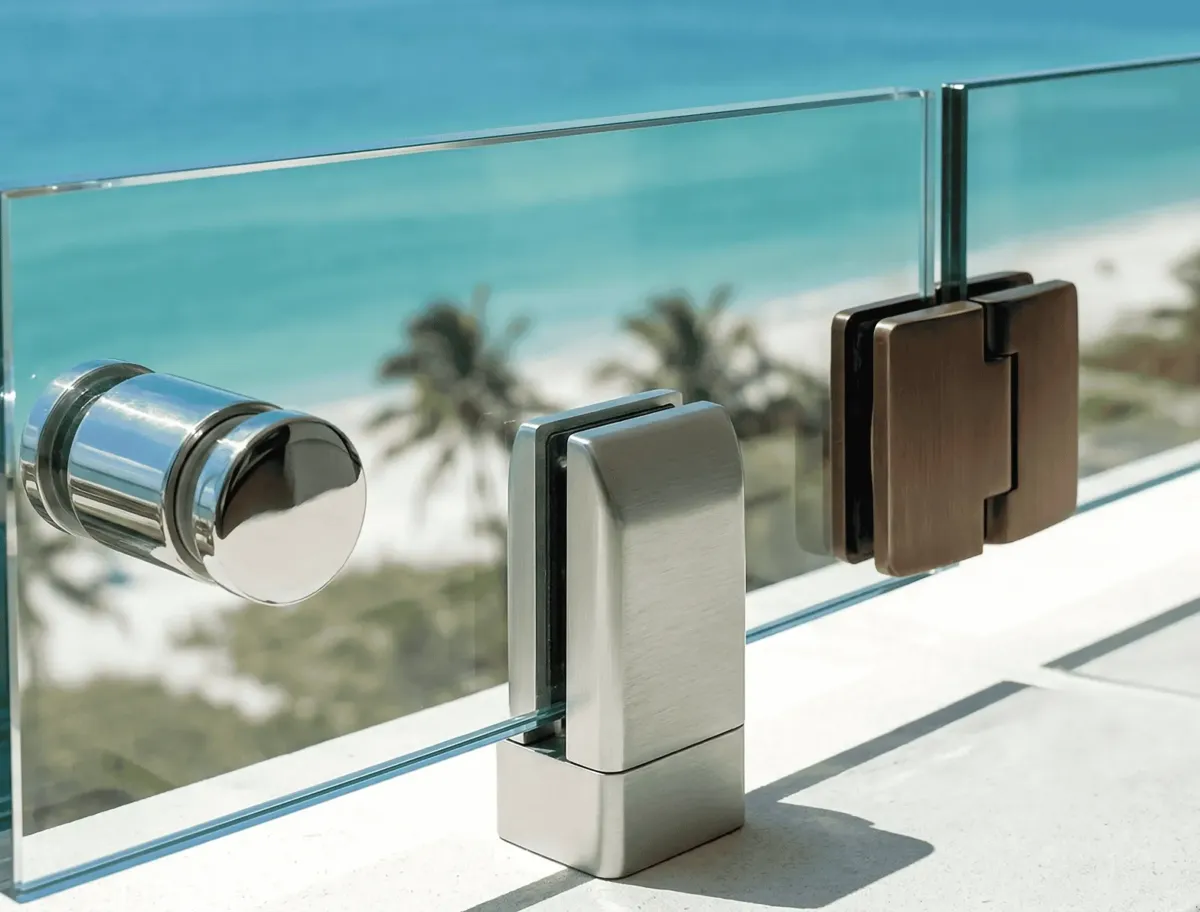 Premium stainless steel and bronze hardware for custom glass handrailing systems