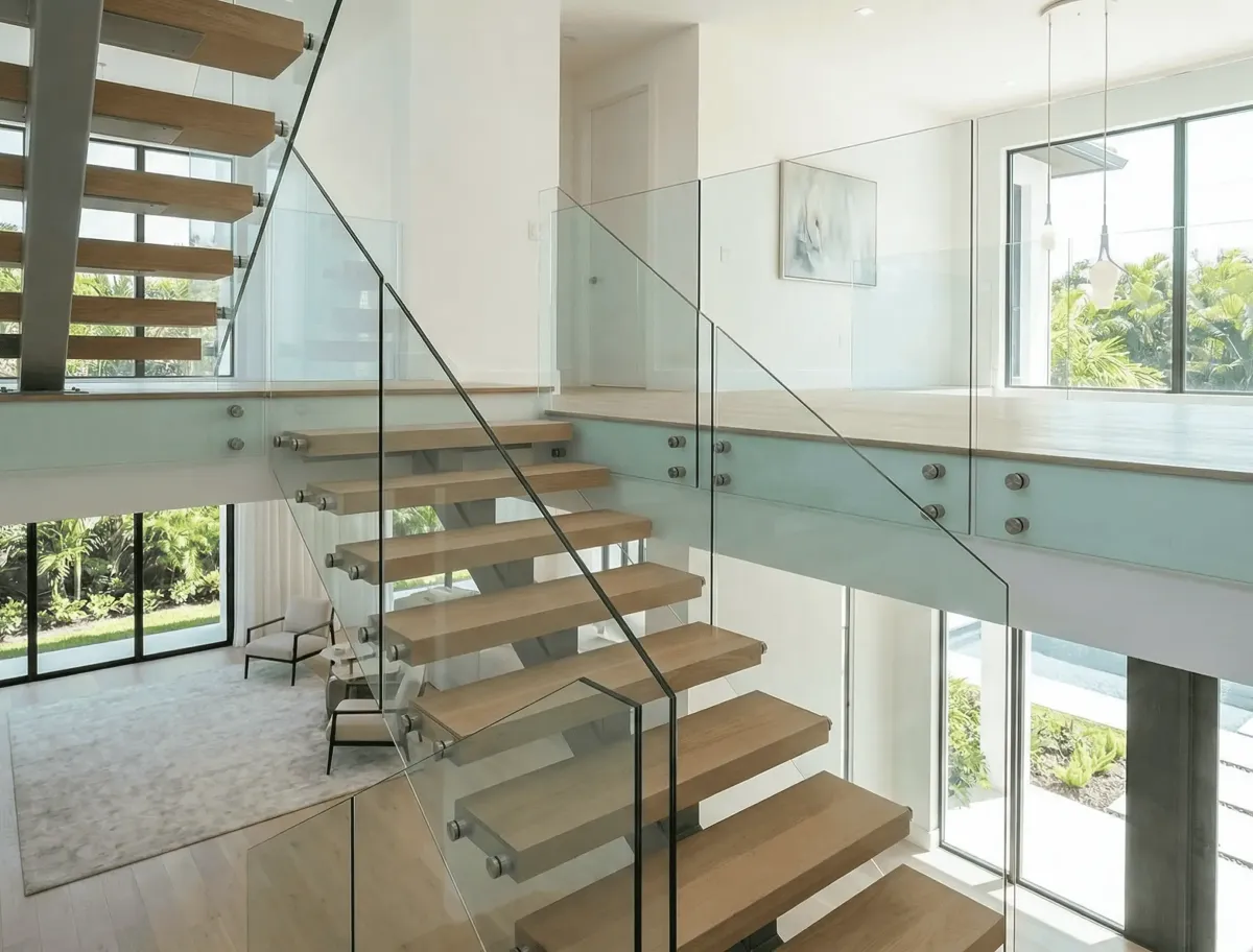 Custom interior glass handrailing for luxury residential staircases in Naples
