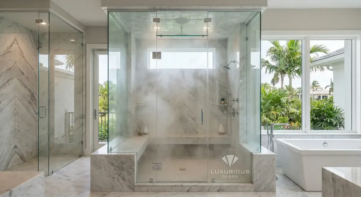 Glass steam shower enclosures