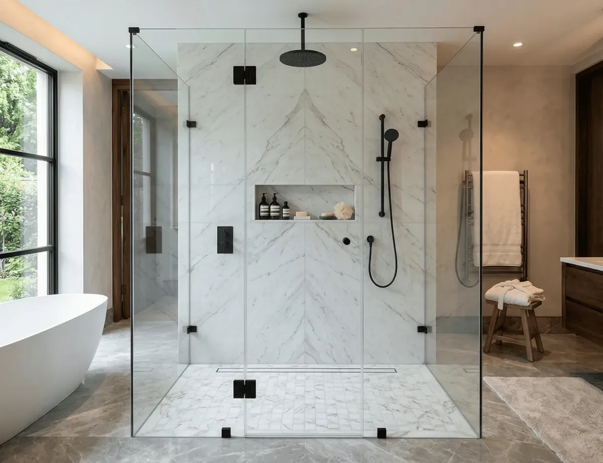 Industrial black frame glass shower enclosures in Naples installed in a luxury bathroom