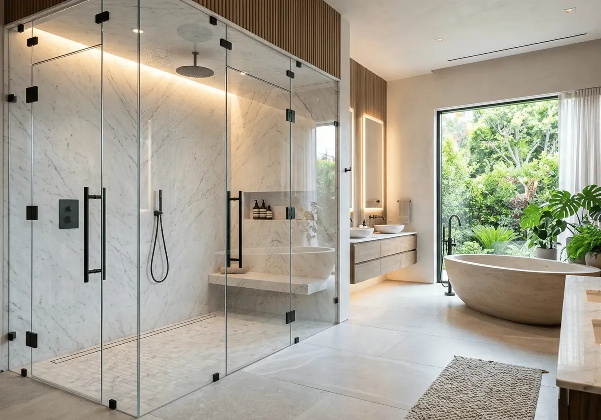 Premium quality bathroom shower doors in Naples featuring high-grade metal hardware and thick glass