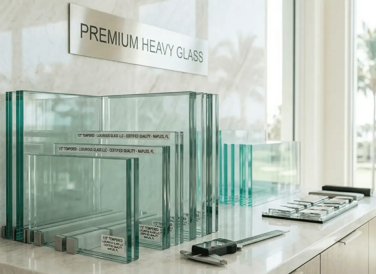Close-up of high-quality architectural glass panels showing thick 3/8" and 1/2" polished edges