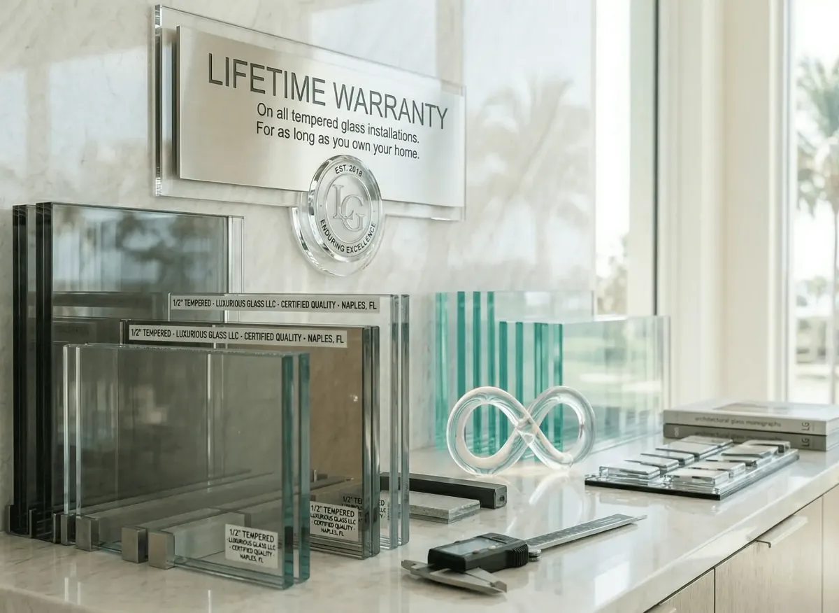 Detailed view of high-end chrome hardware and secure glass mounting