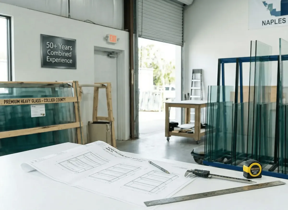 Professional glass fabrication technician working in a specialized workshop