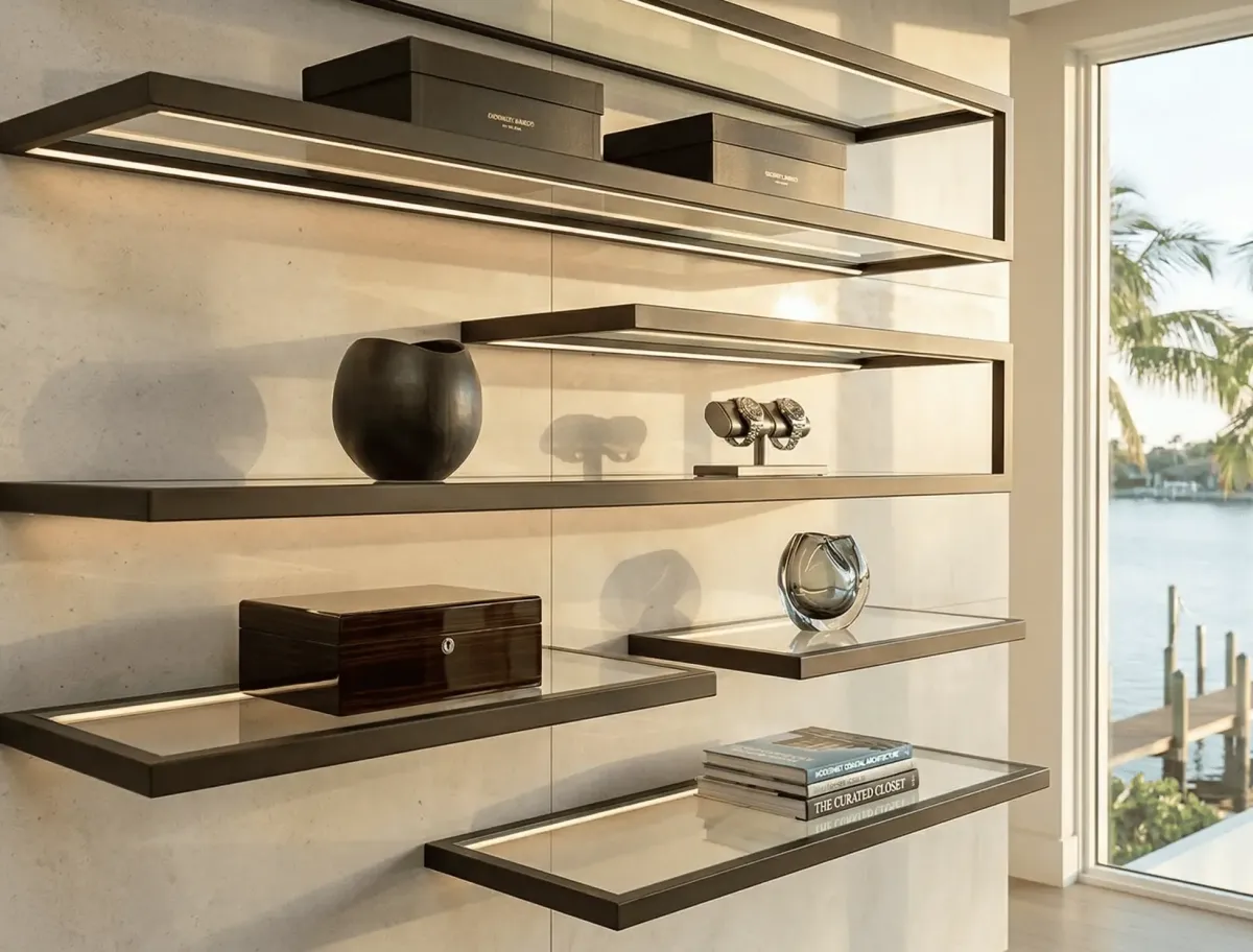 Minimalist modern floating shelves installed as a focal point on a textured wall