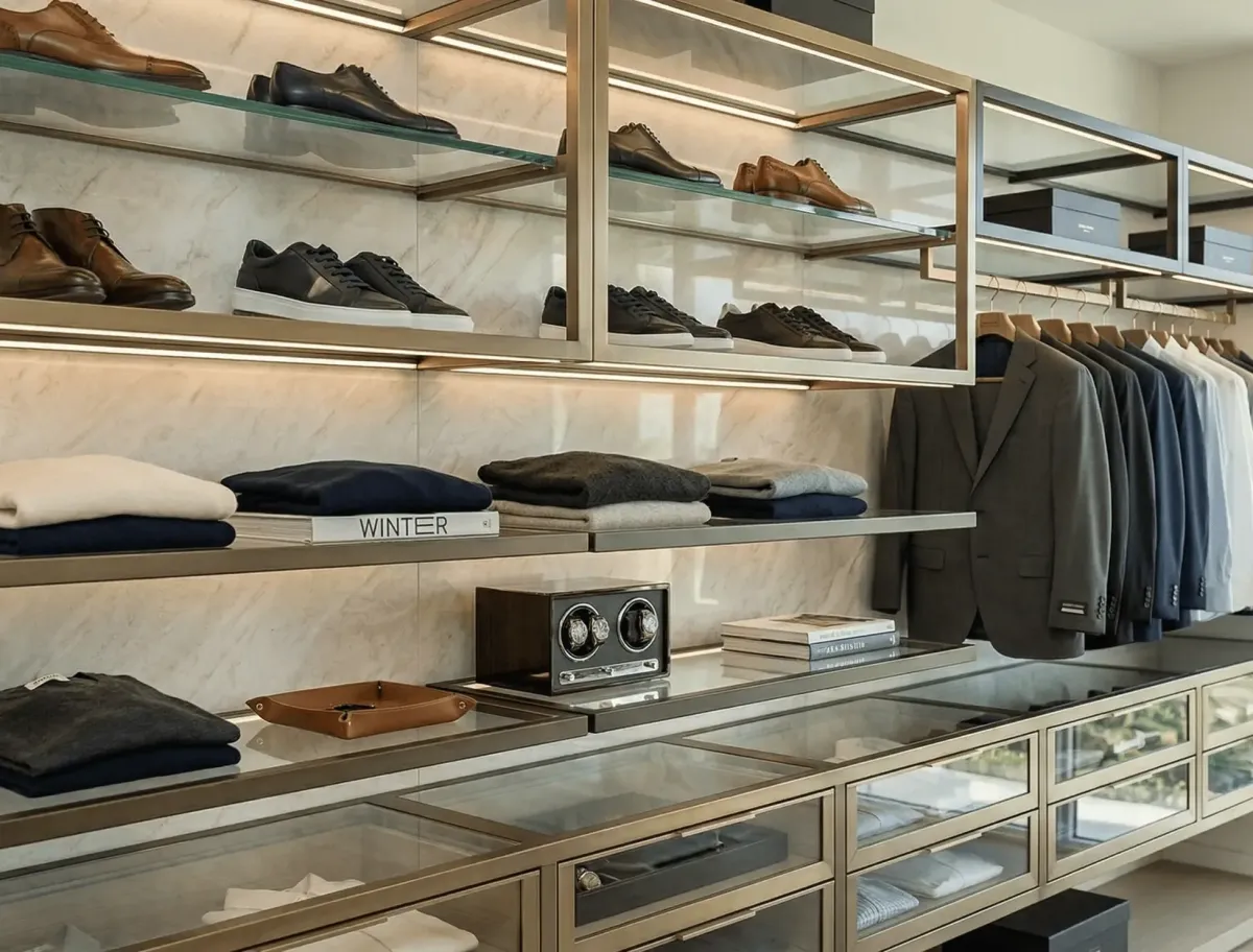 State-of-the-art organized luxury walk-in closet with custom shelving and storage