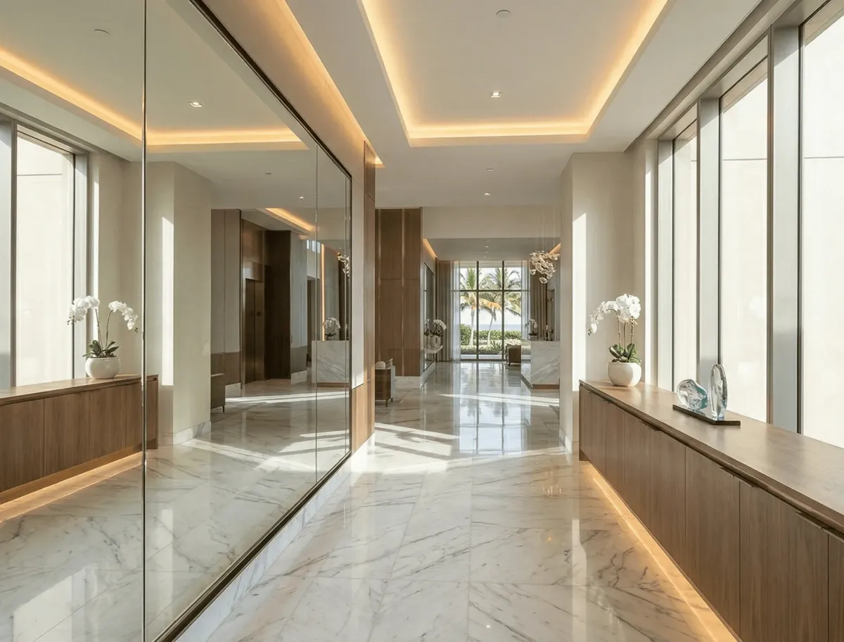 Large commercial mirrors reflecting light to create an open feel in a professional workspace