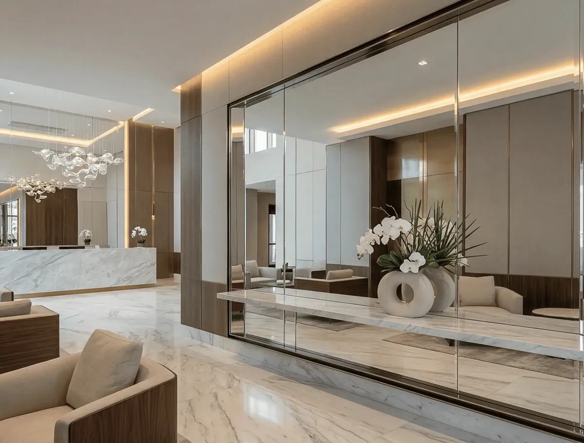 Sleek custom commercial mirrors enhancing the aesthetic of a modern Naples office