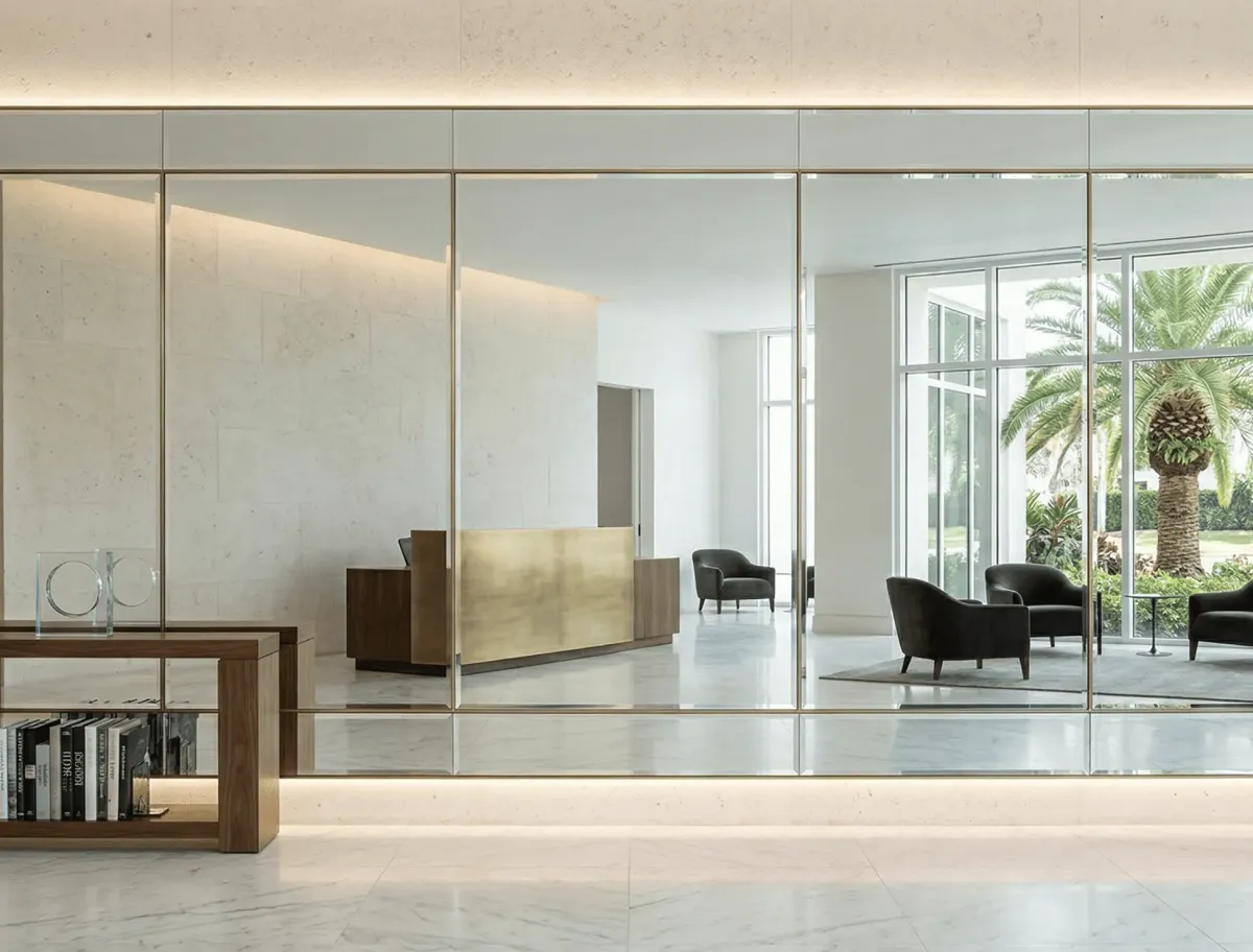 Custom glass and mirror installations reflecting a professional brand image in Florida