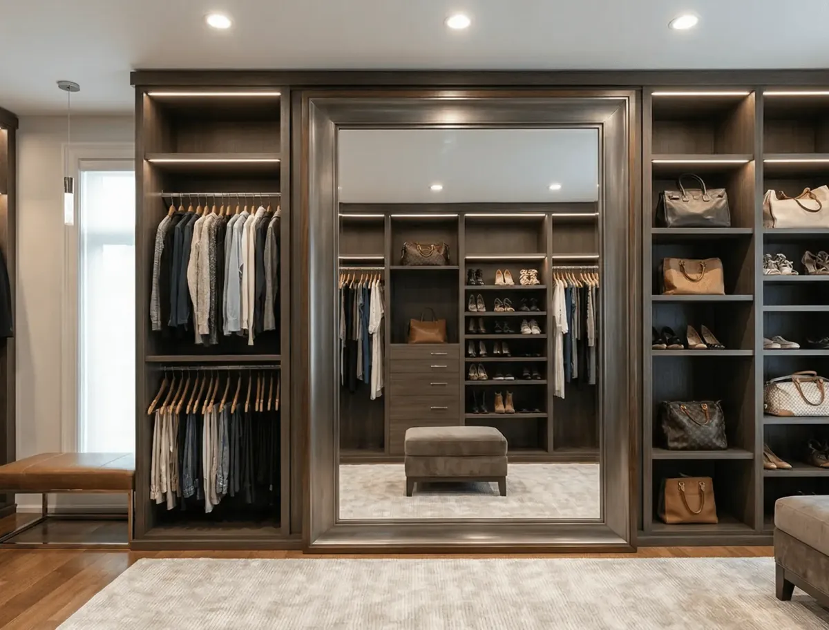 Custom floor-to-ceiling residential dress mirror for a luxury walk-in closet