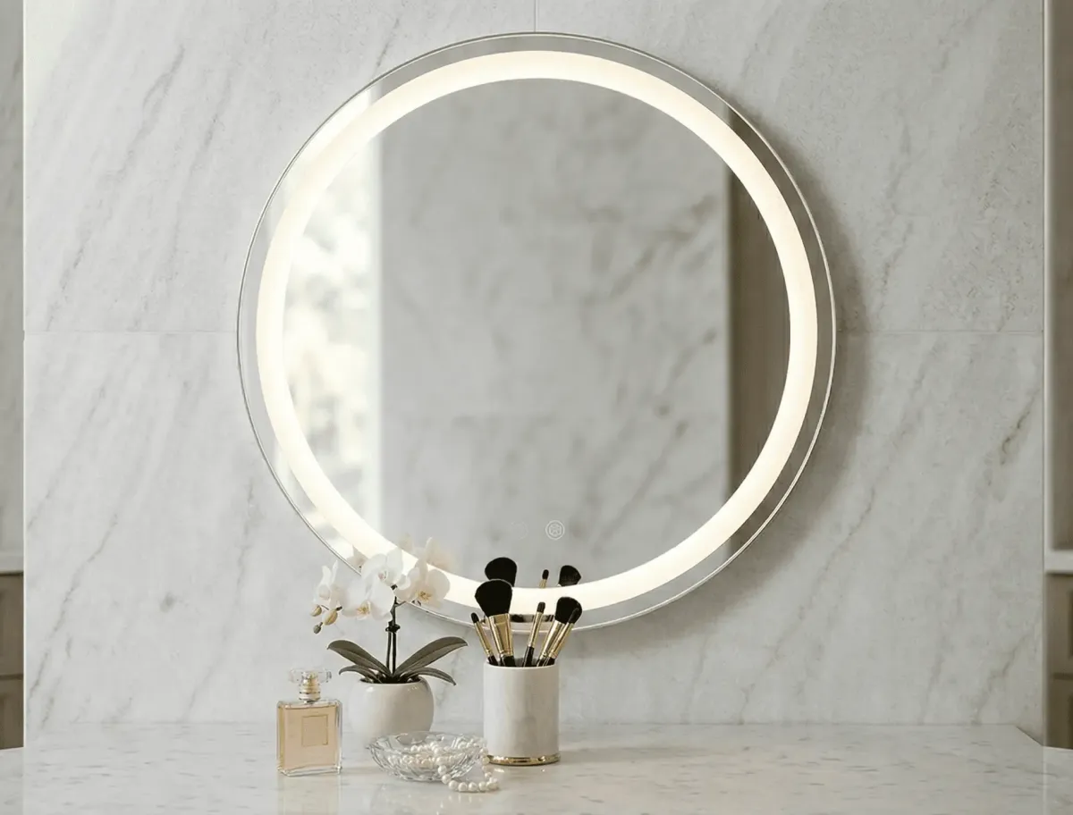 Modern lighted residential makeup mirror with LED border