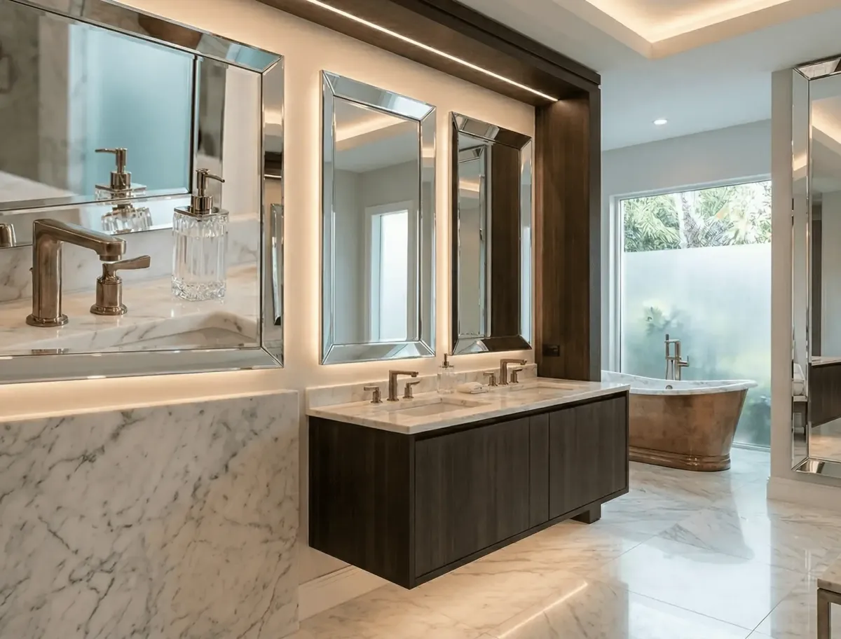 Modern dual-vanity residential mirrors installed in a Naples, Florida bathroom