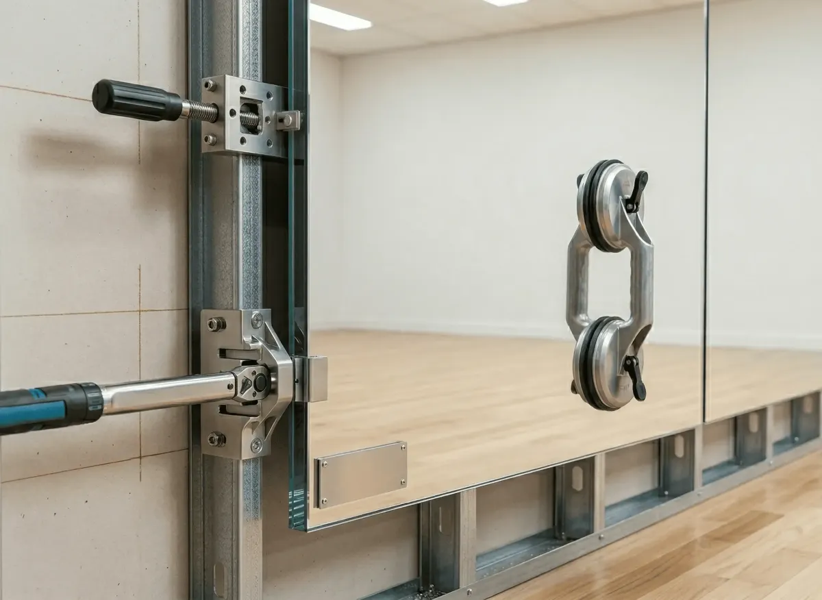 Secure mounting process for heavy-duty dance wall mirrors in a professional studio