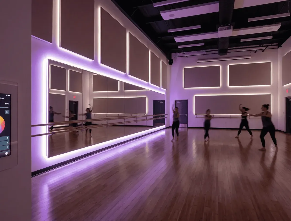 Modern LED backlit dance mirrors for studio ambiance and professional lighting