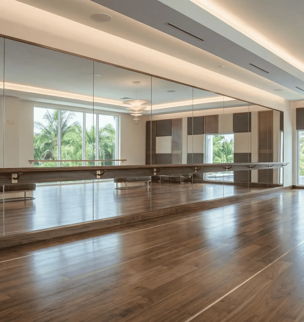 Large-scale dance studio mirrors installed with precision in a modern Florida dance hall
