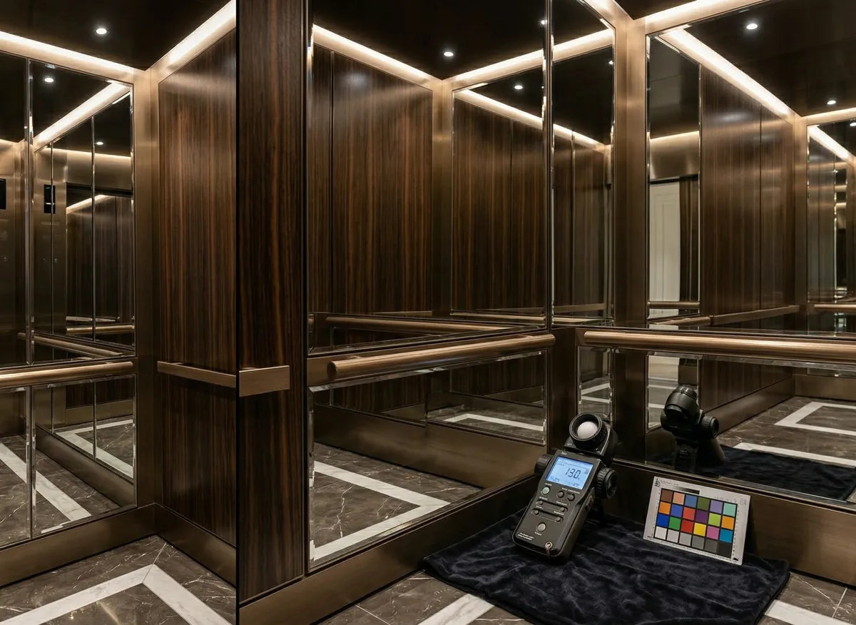 Final quality inspection of a newly installed elevator mirror for high-definition clarity