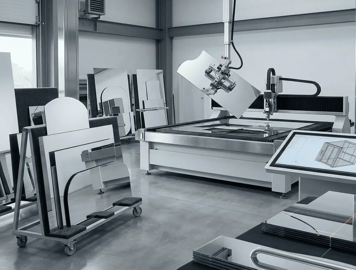 Custom-cut glass being prepared for a professional elevator mirror installation